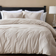 Beige Full Size Jacquard Duvet Cover Set with Zipper Closure, Modern Washed Soft