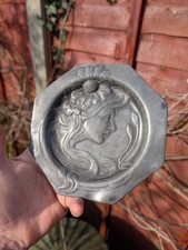 Amazing Antique Art Nouveau Ladies Face Design Pewter Dish