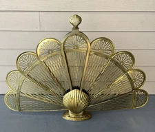 VTG Brass Seashell Peacock Fan Fireplace Screen Beach Coastal 37x25 READ