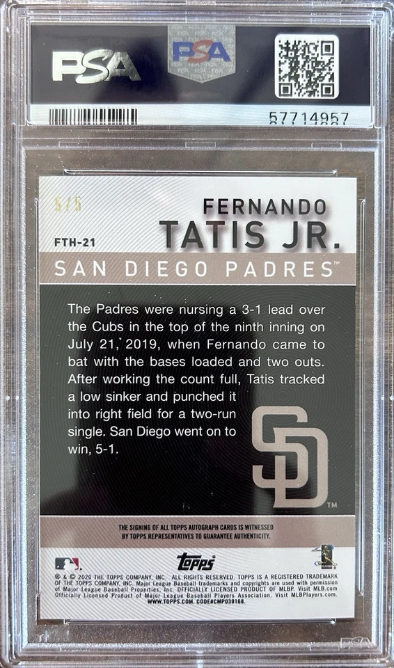 2020 Topps Fernando Tatis Jr. AUTO 5/5 PSA 9 - Imagem 2 de 2