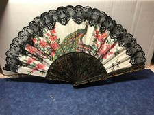 Vtg Japanese Peony Peacock Black Lace Folding Hand Fan Floral Design w/ Tassel