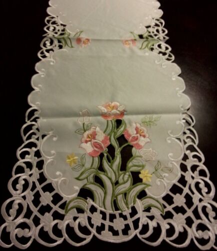 16"x54"Embroidered Tablecloth Pink Spring Tulip Floral Table Runner Home Decor - Picture 2 of 2