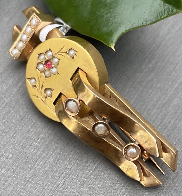 Antique Victorian Vintage 18K Gold Brooch Estate Fine Jewelry Seed Pearl Ruby