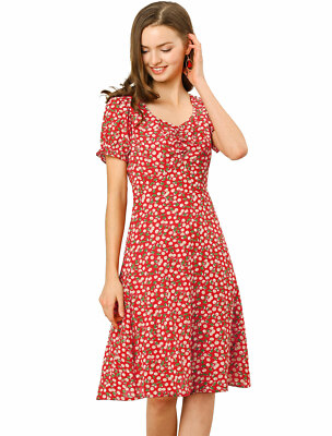 Allegra K Women's Floral Sweetheart Neck Smock Ruffle Print A-Line Dress Red X-Large