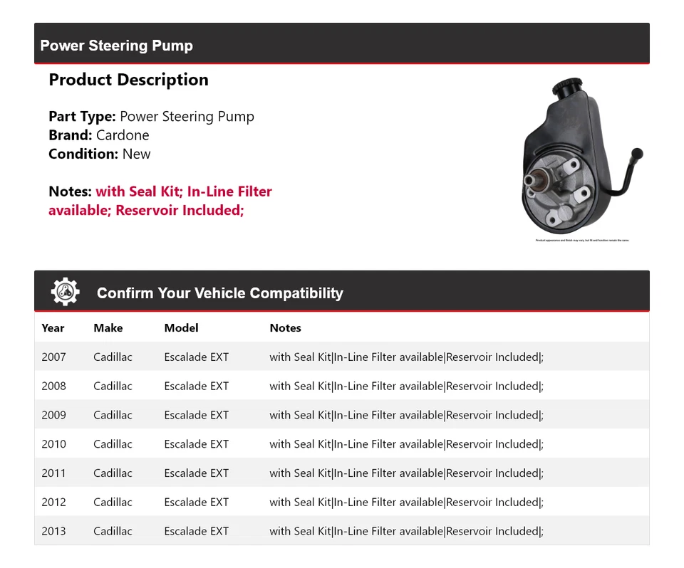 Bomba de dirección asistida Cardone 2008 2009 2010 para Cadillac Escalade EXT 2007-2013 Foto 2 de 4
