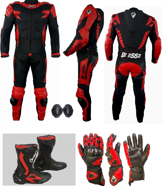 TUTA MOTO IN PELLE E TESSUTO BIESSE CE GUANTI STIVALI PELLE S M L