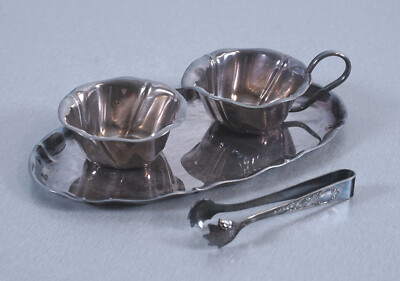 WMF milk jug + sugar bowl on tray with sugar tongs beehive brand