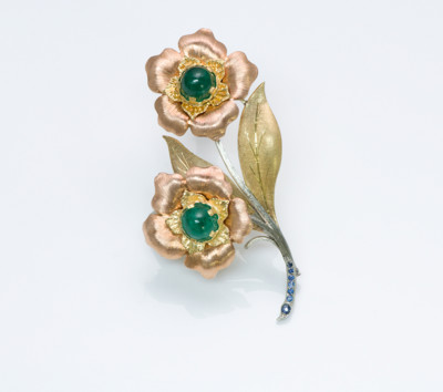 Vintage M Buccellati Cabochon Emerald Florentine 18K Yellow Gold Flower  Brooch