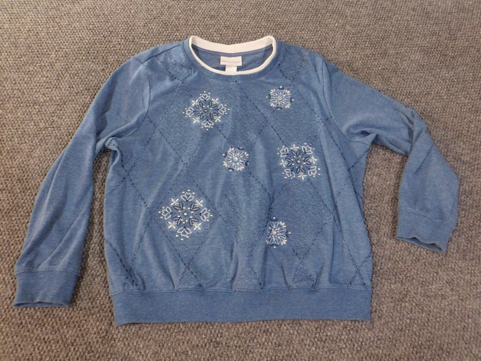 Alfred Dunner Sweater Large Blue pullover crewneck embroidered holidays xmas - Image 2 of 4
