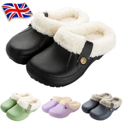Waterproof Slippers Furry Lined Clogs Ladies Garden House Shoes Warm Fur Mules