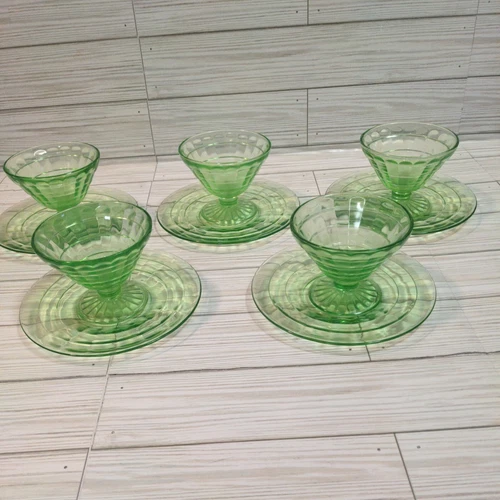 Set of 5 Vintage Sherbet Dessert Cups and Plates Depression Green Uranium Glass