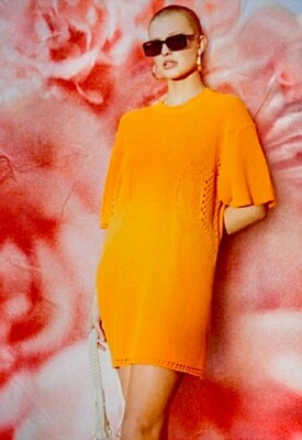 h&m orange shirt dress H&M Yellow-Orange Crocheted Knit Cotton T-Shirt Dress sz S