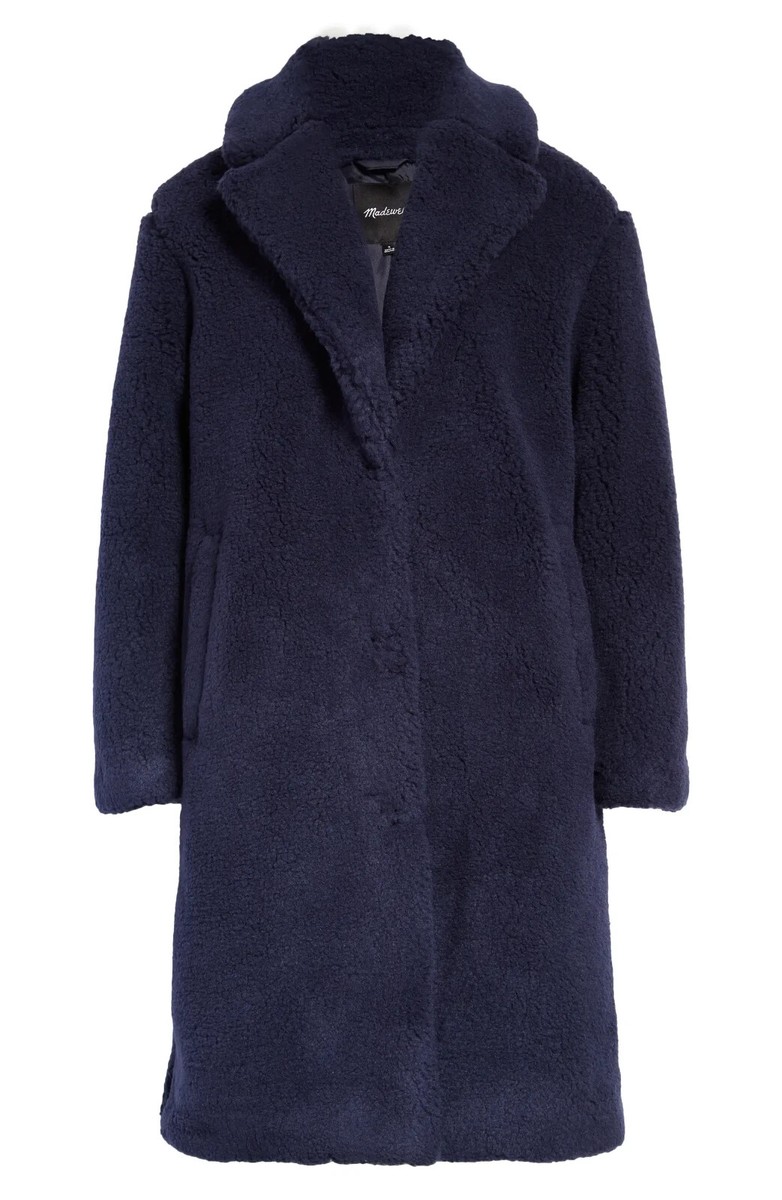 NWT Madewell (Re)sourced Teddy Coat, DARK NIGHTFALL, Small, MSRP