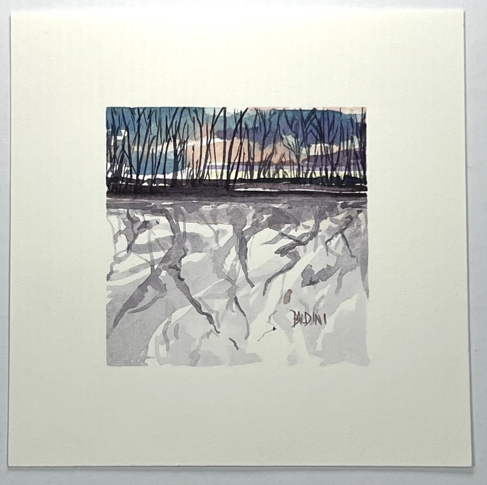 J R Baldini Miniature Watercolor Painting 3x3” Plein Air Impressionist Winter - Image 2 of 4