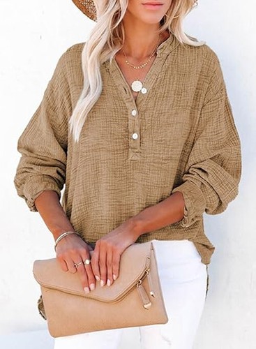 Camisas informales de manga larga con botones y cuello en V de Simplifyleast para mujer, blusas de gran tamaño - Imagen 2 de 21