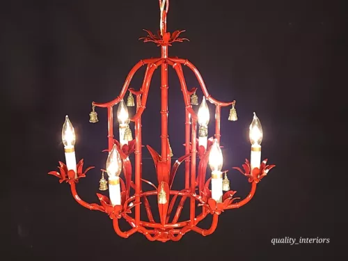 Antique Faux Bamboo Pagoda Hollywood Regency Birdcage Chandelier Brass Bells