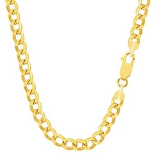 10k Yellow Real Gold Curb Hollow Chain Necklace, 4.4mm, 24"