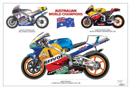 Stoner, Doohan & Gardner - campeones mundiales australianos de MotoGP y 500cc impresión edición limitada - Imagen 1 de 1