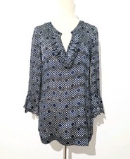 Tory Burch Women's Navy Blue Geometric Print Silk Blend Ruffle Tunic Top Size 8