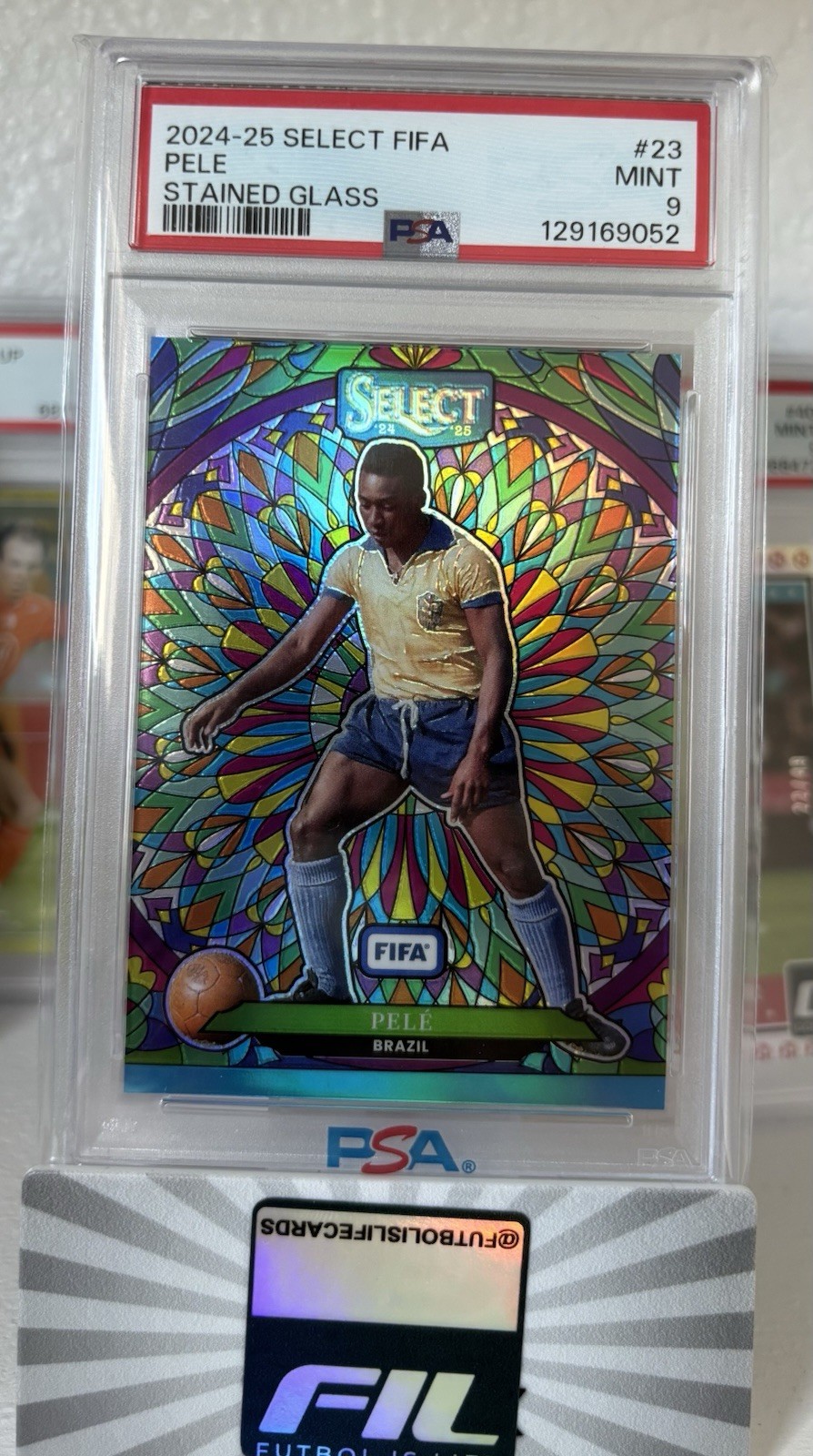 2024-25 Panini Select FIFA Pele #23 Stained Glass Case Hit SSP PSA 9