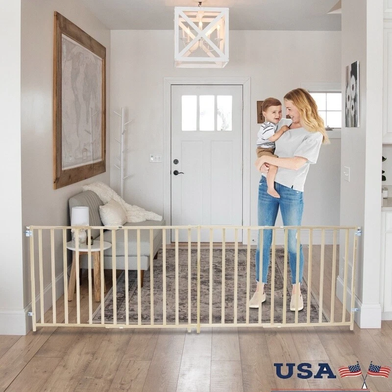 Extra Wide Swing Toddler Safety Gate 60" To 103" Natural Wood Hardware Mount New