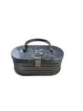 Vintage 1950s Gray Swirled Lucite Box Handbag Carved Starburst Lid USA