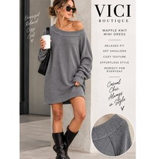 VICI Waffle Knit Sweater Dress L Gray Oversized Off Shoulder Slouchy Mini Tunic