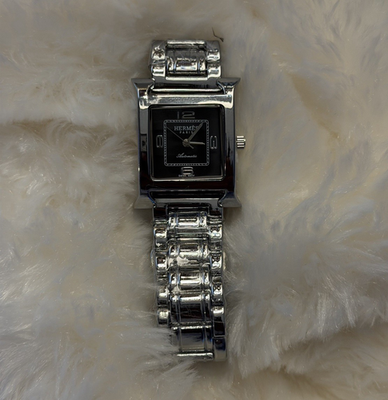 #ad Hemes Quartz Rectangle Wristwatch Black Dial Silver Metal Bracelet $130.00