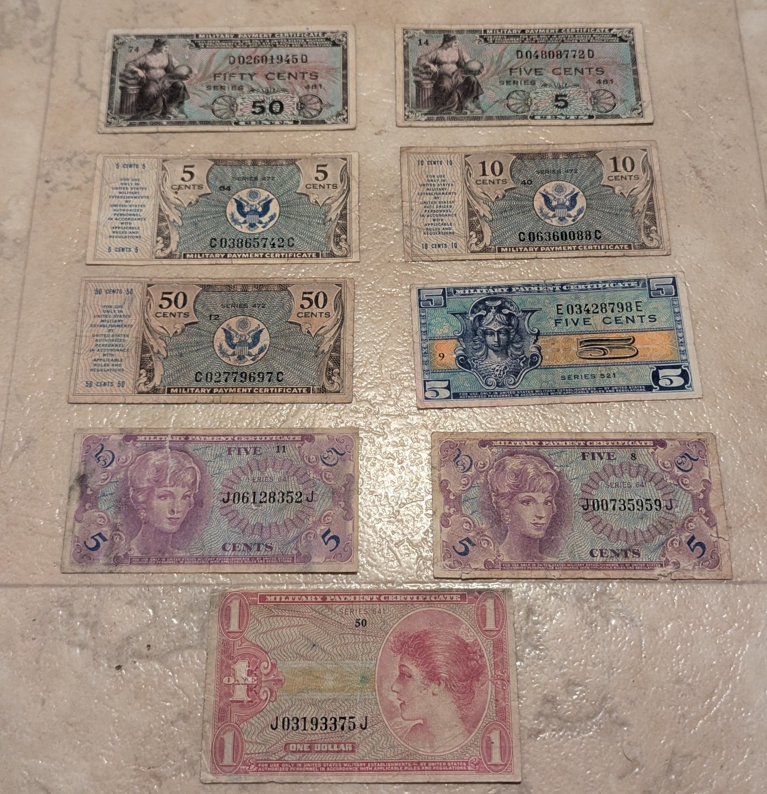 Military Payment Notes 5/10/50 Cents 1 Dollar 1940s 1950s 1960s Lot Of 9!!!!