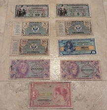 Military Payment Notes 5/10/50 Cents 1 Dollar 1940s 1950s 1960s Lot Of 9!!!!