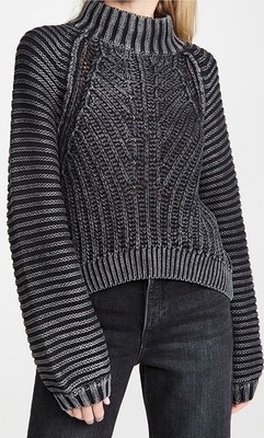 Free People Sweetheart Mock Neck Sweater XS Black Gray Chunky Knit 100% Cotton