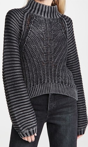 Free People Sweetheart Mock Neck Sweater XS Black Gray Chunky Knit 100% Cotton