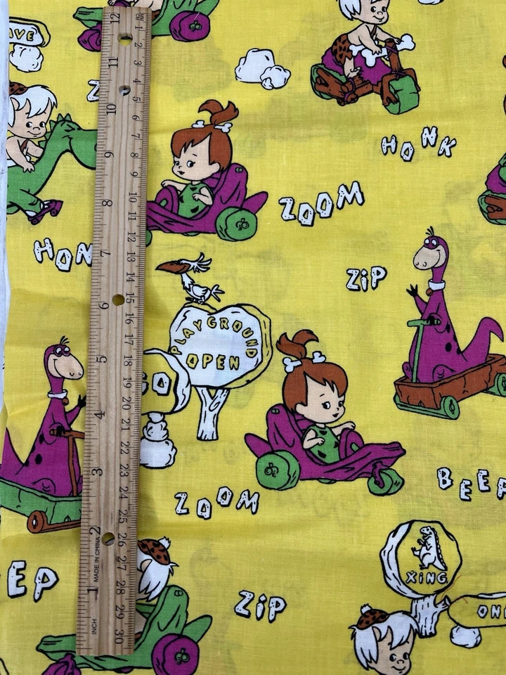 Vintage Flintstones Cotton Fabric 1/2 Yard 44" Wide + Scrap Yellow Pebbles Bam - Image 2 of 4