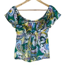 Image of NWT Rue21 Satin Hippie Top Womens M Green Paisley Off Shoulder Ruffle Boho 70s