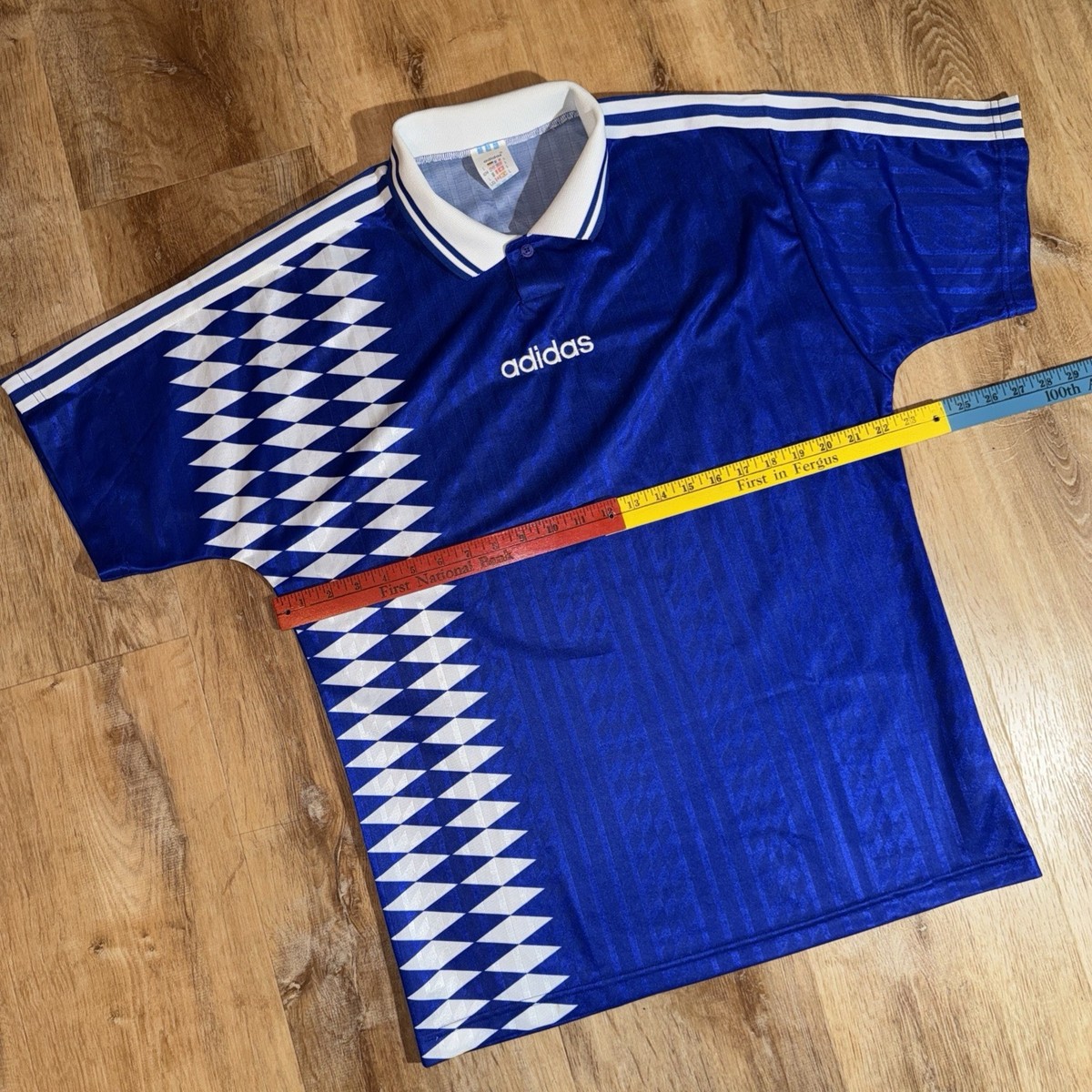 Vintage Adidas Soccer Polo Large Blue Dimond Stripes Center Logo FIFA Ball 80s View 2
