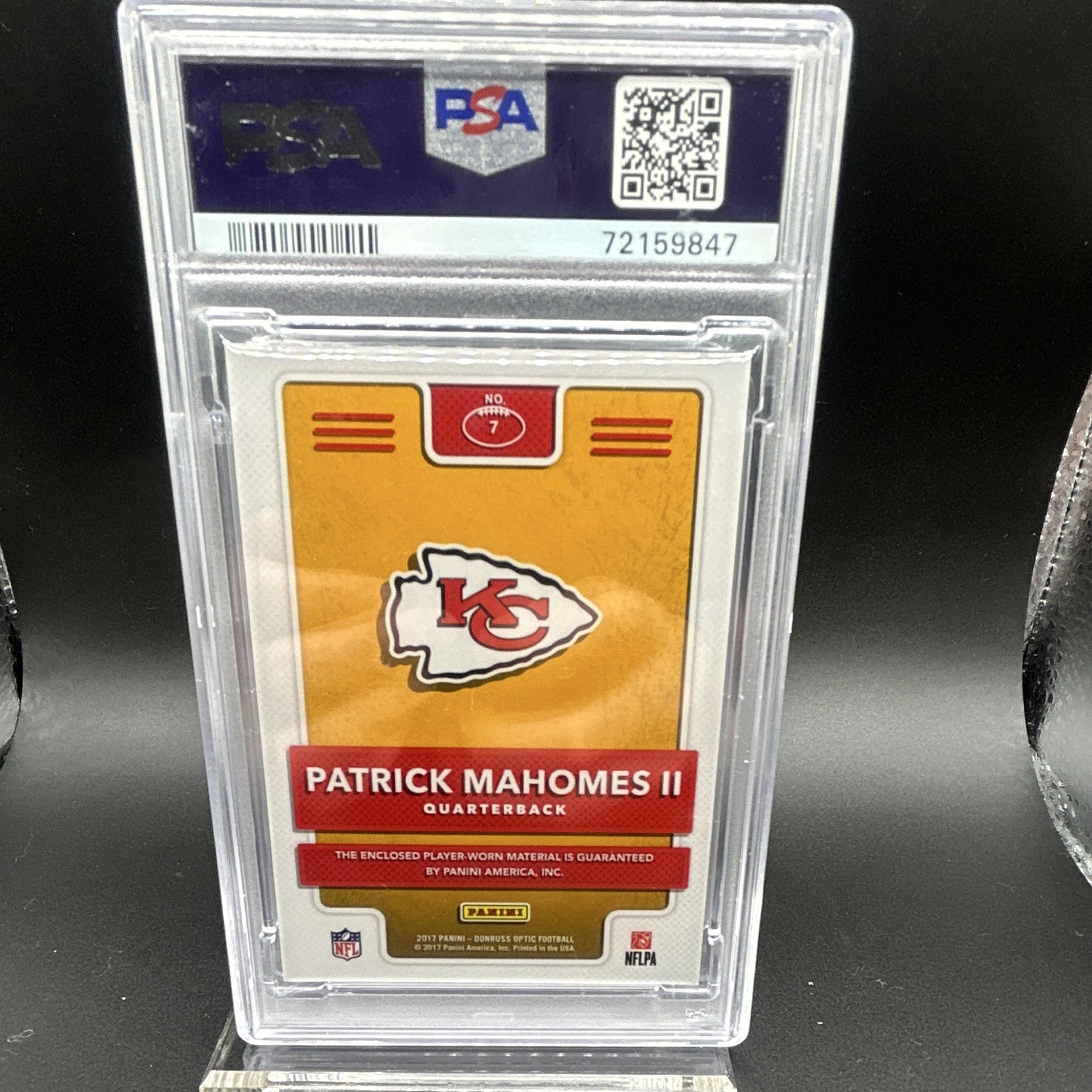 Panini 2017 Donruss Optic Patrick Mahomes II Rookie Phenom Jerseys #7 PSA 8 view 2