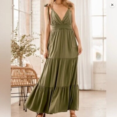 Lulus Tie-Strap Maxi Dress S My Heart Goes Olive Green NWT 1482