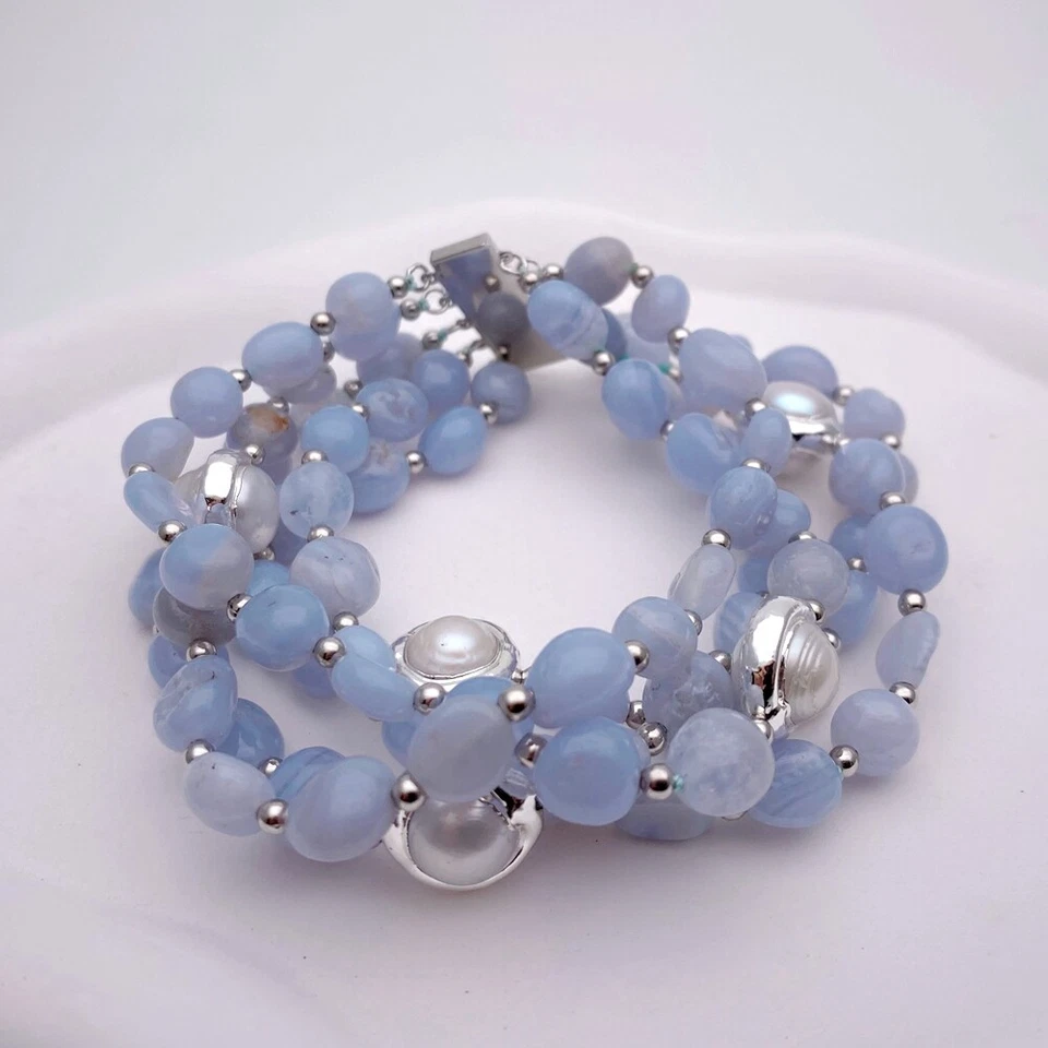 5 Strands Natural Blue Lace Agate Cultured White Pearl Beaded Bracelet - Image 2 of 4