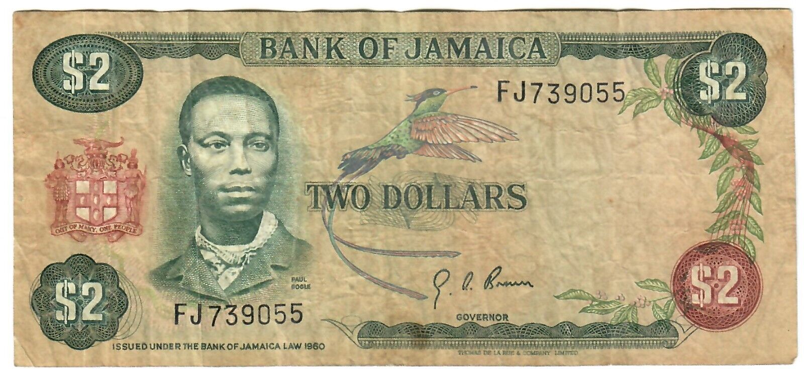 Jamaica 2 Dollars 1960 (1976) F "Brown"