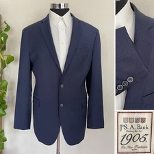 Jos A Bank 1905 Mens Two-Button Blue Blazer Wool Sport Coat Jacket Size 43L