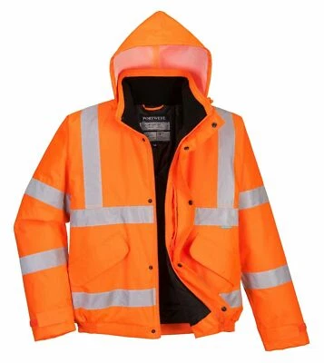 PORTWEST Mens Hi Viz Bomber Workwear Water Resistant Jacket Lined Padded Safety Orange