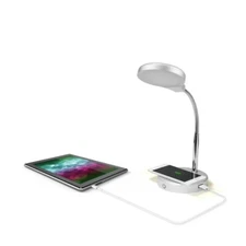 MAINSTAYS LED DESK LAMP WITH QI WIRELESS CHARGING AND USB PORT, SILVER