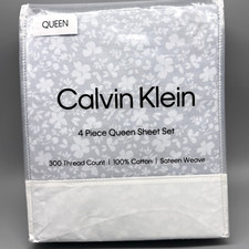 4pc Calvin Klein Expressive Floral Queen Sheet Set Dusty Blue Gray Sateen 300tc