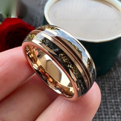 8MM Rose Gold Color Meteorite Gold Foil Guitar String Tungsten Carbide Ring Band