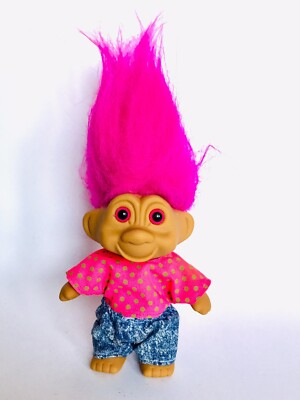 Vintage 90s Y2K TNT Troll Doll Girl Pink Hair Acid Wash Jeans Polkadot Top EUC