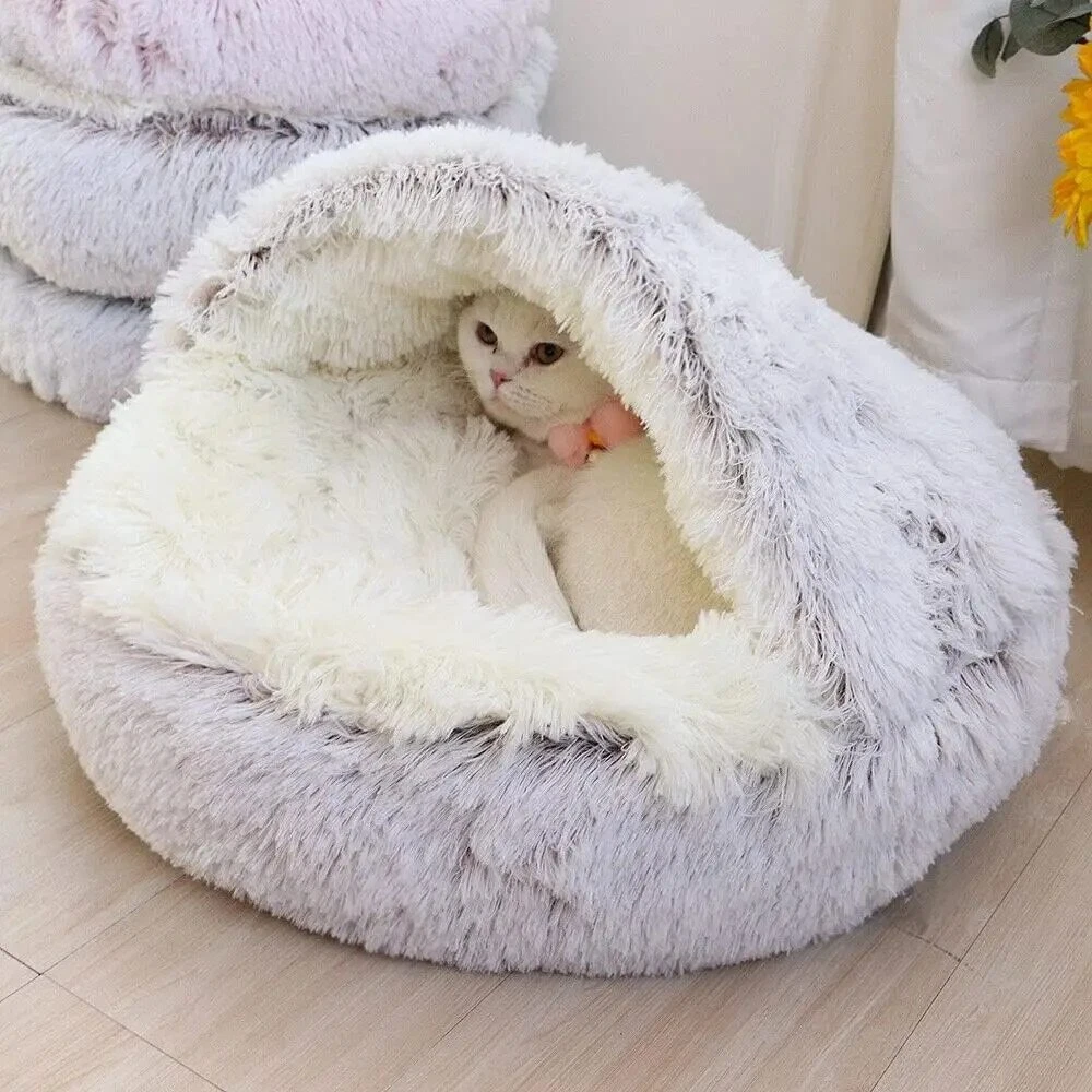Soft Plush Round Bed Pet Warm Comfortable Basket Cat Dog 2in1 Sleeping Bag Nest