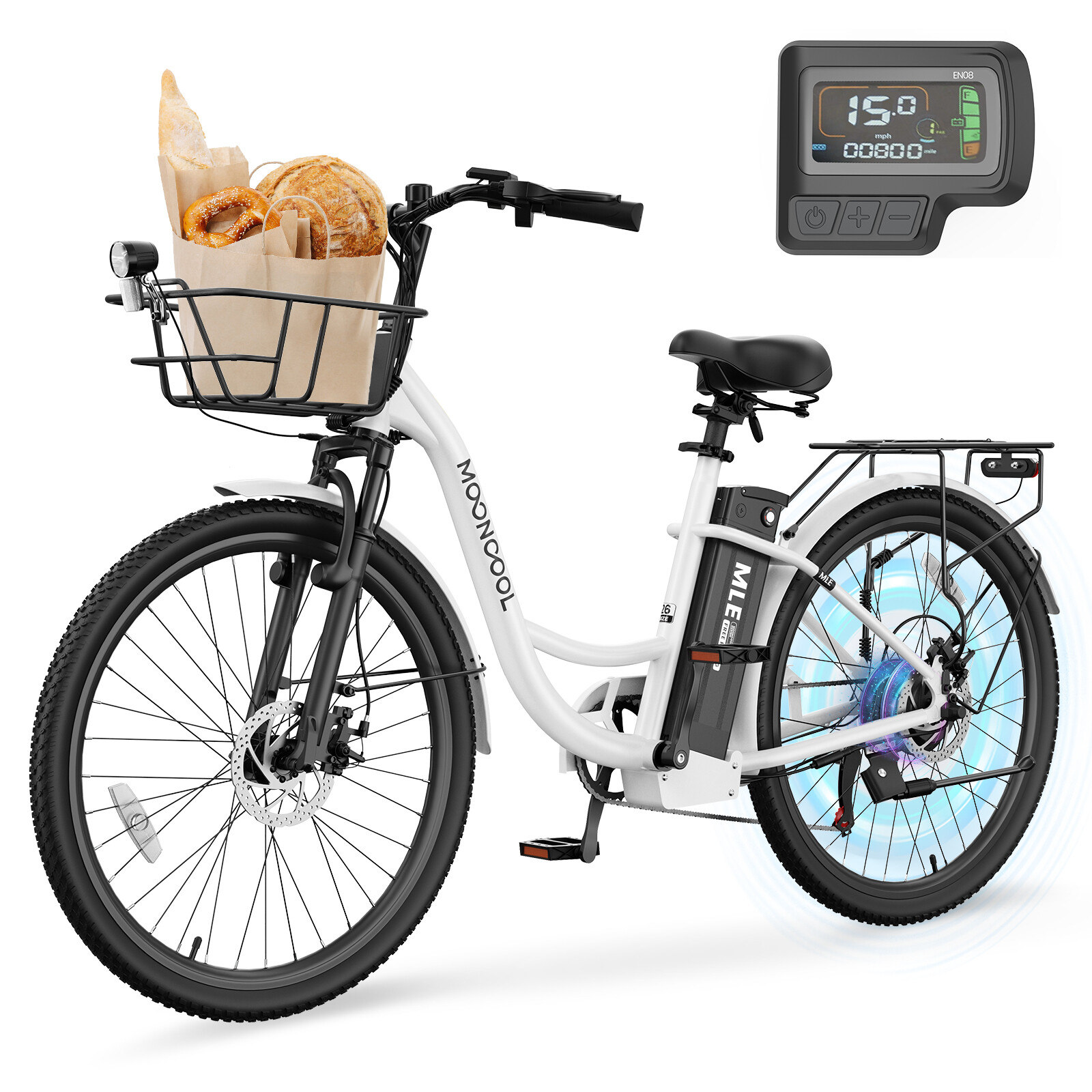 MOONCOOL Electric Bike for Adults, 24" 26" 700W Peak City Cruiser Ebike 7-Speed