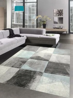 Tapis Abstrait Salon Couloir Design moderne à Carreaux en Crème Bleu Gris - E .. - Photo 1/4
