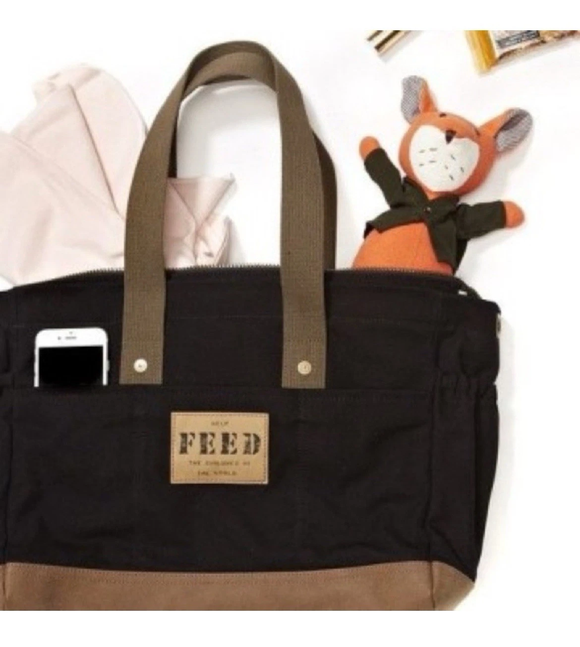 FEED Black Diaper Bag Organic Cotton w/ Changing Pad & Strap