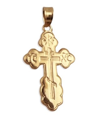 14K Gold Small Orthodox Cross Pendant Three Bar Saint St Olga Baptismal Save Us